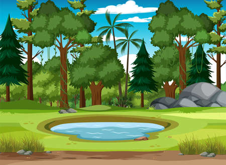 Scene with little pond in the forest illustrationのイラスト素材