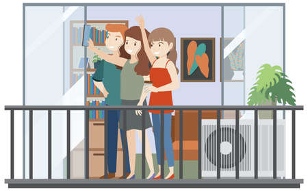 Flat balcony interior with people illustrationのイラスト素材