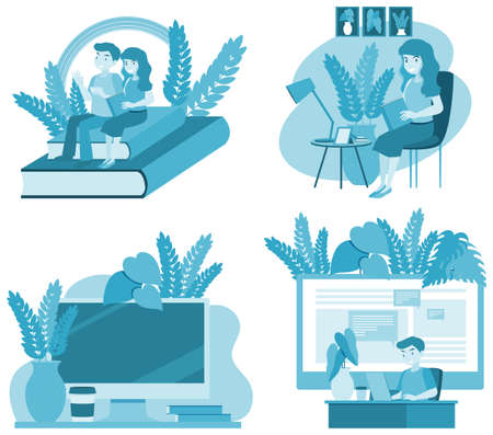 Four scenes of people working at home illustrationのイラスト素材