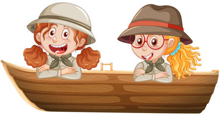 Boy and girl in safari outfit sitting on a boat on a white background illustrationのイラスト素材