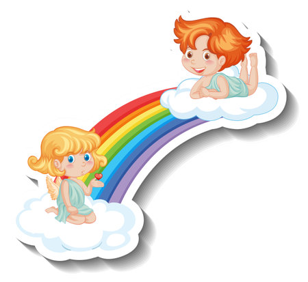 Two little cupids on rainbow in cartoon style illustrationのイラスト素材