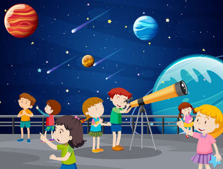 A Kids Looking at the planet with Telescop at observatory illustrationのイラスト素材