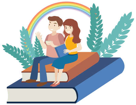 A couple sitting on books in flat design illustrationのイラスト素材