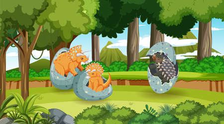 Prehistoric forest with dinosaur cartoon illustrationのイラスト素材