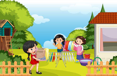 Scene of backyard with kids and fence illustrationのイラスト素材