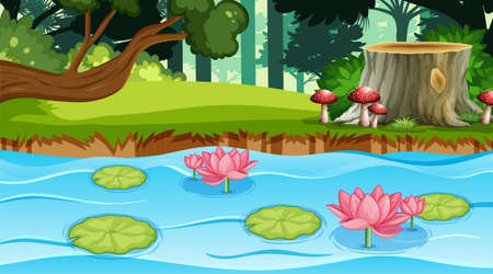 Nature scene with many trees and river illustrationのイラスト素材