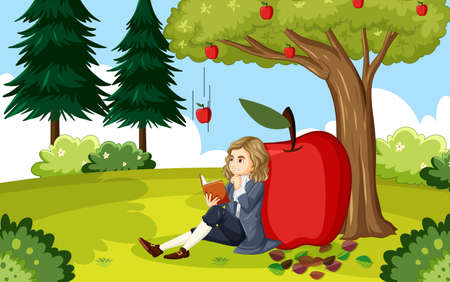 Isaac Newton sitting under apple tree illustrationのイラスト素材