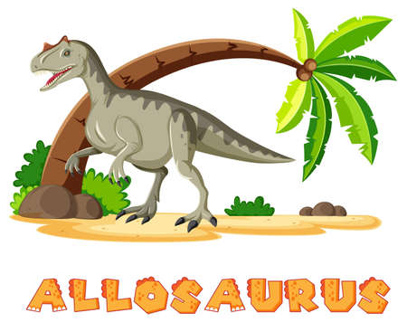 Allosaurus on island in cartoon style illustrationのイラスト素材