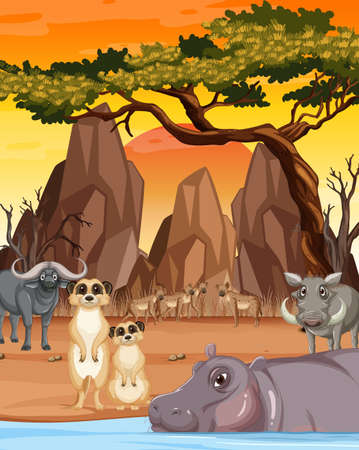 Savanna forest scene with wild animals illustrationのイラスト素材