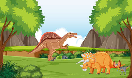 Nature scene with trees on mountains with dinosaur illustrationのイラスト素材
