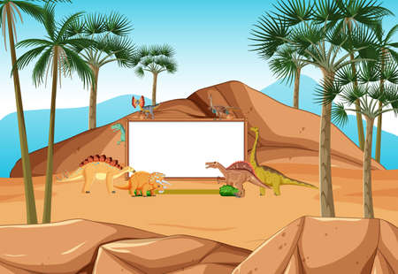 Scene with dinosaurs and whiteboard in the forest illustrationのイラスト素材