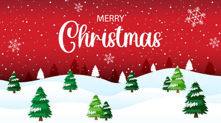 Merry Christmas banner with snow covered pine trees illustrationのイラスト素材