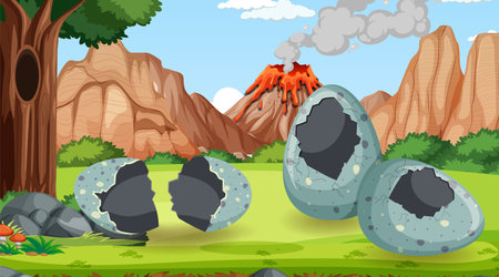 Prehistoric forest with dinosaur cartoon illustrationのイラスト素材