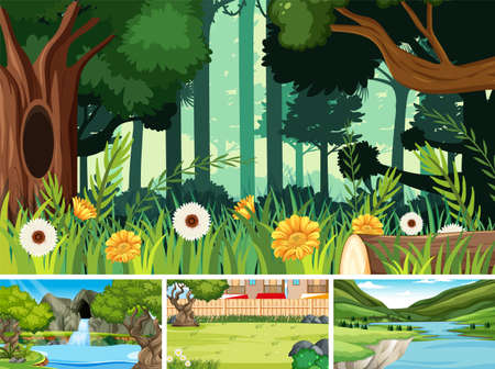 Nature scene with many trees and city illustrationのイラスト素材