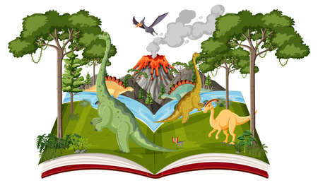 Book with scene of dinosaurs in forest illustrationのイラスト素材