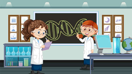 Science laboratory for chemical experiments with scientist illustrationのイラスト素材
