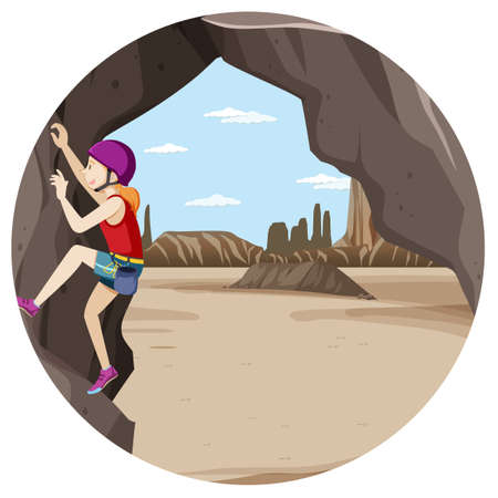 Scene with people climbing rocky moutain on circle artboard illustrationのイラスト素材