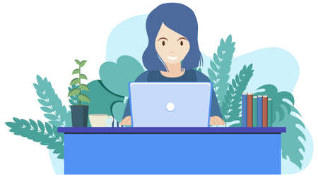 Woman working on laptop on the table illustrationのイラスト素材