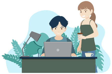 Man and woman working on computer illustrationのイラスト素材