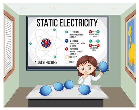 Scientist girl doing static electricity science experiment illustrationのイラスト素材