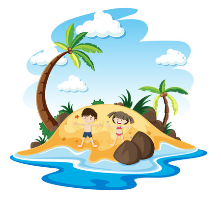 Happy boy and girl playing in the island illustrationのイラスト素材