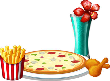 Fast food pizza and french fries illustrationのイラスト素材