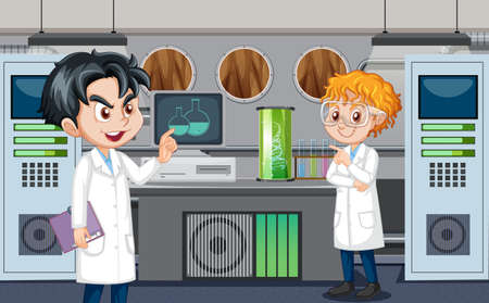 Science laboratory for chemical experiments with scientist illustrationのイラスト素材