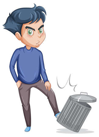 Teenager boy kick dustbin cartoon character on white background illustrationのイラスト素材