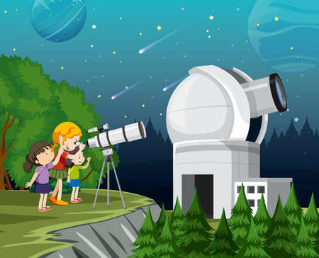 A Kids Looking at the planet with Telescope illustrationのイラスト素材