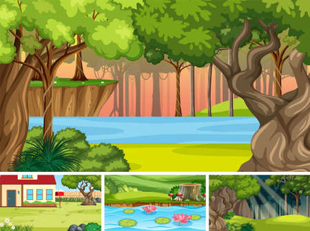 Nature scene with many trees and river illustrationのイラスト素材