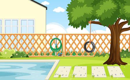 Scene of backyard with a fence illustrationのイラスト素材