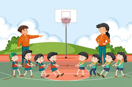 Children playing tug of war game illustrationのイラスト素材