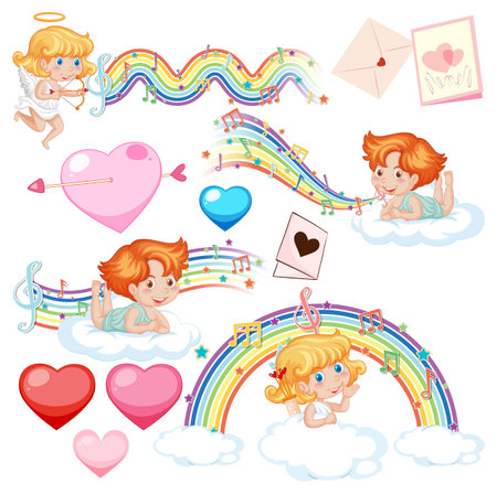 Valentine theme with cupid and music rainbow illustrationのイラスト素材