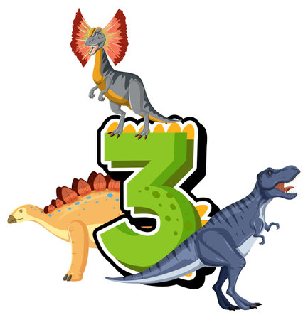 Eight dinosaurs with number three cartoon illustrationのイラスト素材