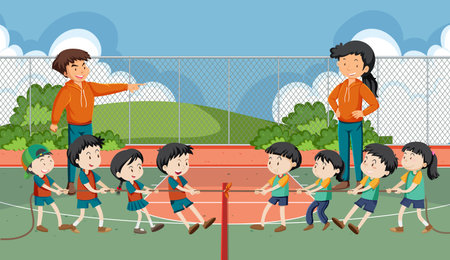 Children playing tug of war game illustrationのイラスト素材