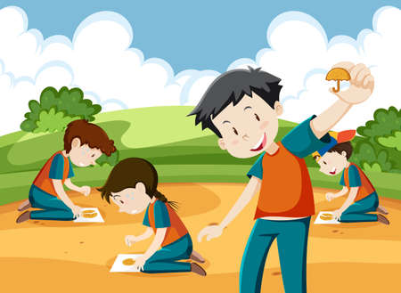 Children playing scratch dalgona cookie at the park illustrationのイラスト素材