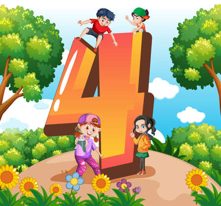 Four kids with number four cartoon illustrationのイラスト素材