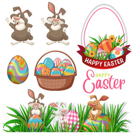 Happy Easter day with bunny and eggs illustrationのイラスト素材