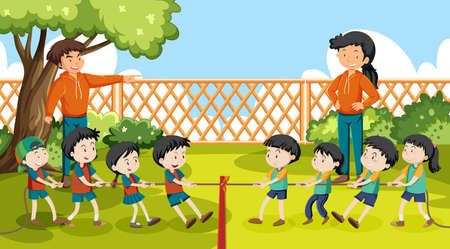 Children playing tug of war game illustrationのイラスト素材