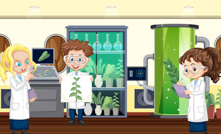 Science laboratory for chemical experiments with scientist illustrationのイラスト素材