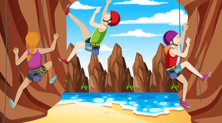 Rock climbing on cliff at the beach illustrationのイラスト素材