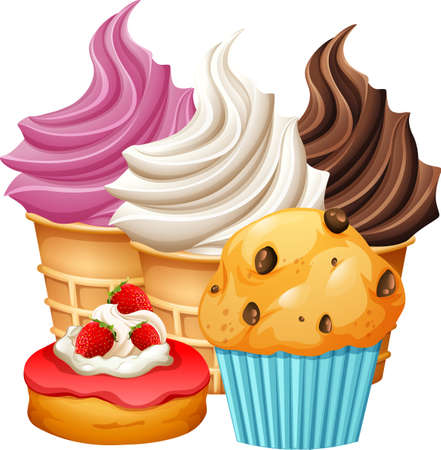 Delicious cupcakes and muffin cartoon set illustrationのイラスト素材