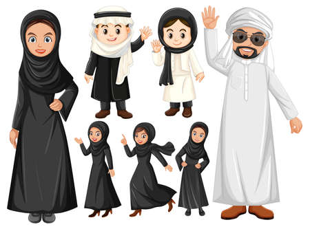 Arabic people in black and white costume illustrationのイラスト素材