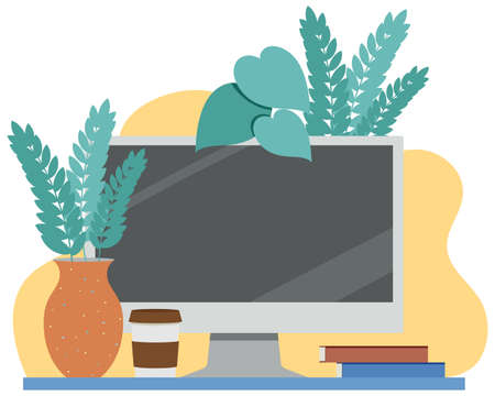 Laptop computer on the the table decorated with plant vase illustrationのイラスト素材