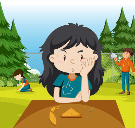 A woman playing scratch dalgona cookie at the park illustrationのイラスト素材