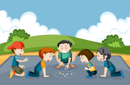 Outdoor park with children playing marbles illustrationのイラスト素材