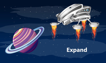 A spaceship in the space with Saturn illustrationのイラスト素材