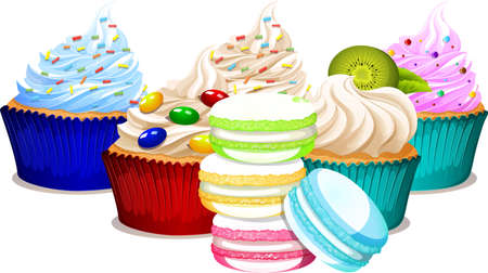 Delicious cupcakes and macaroon cartoon set illustrationのイラスト素材