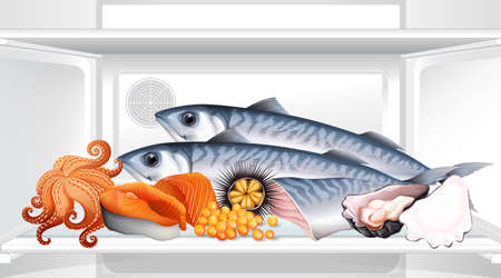 An inside the refrigerator with sea food illustrationのイラスト素材