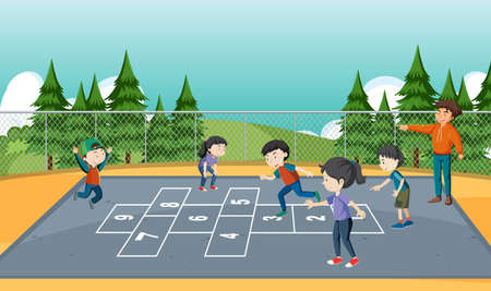 Children playing hopscotch game at the park illustrationのイラスト素材